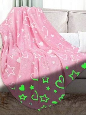 Pink Heart & Star Plush Throw Blanket - Glow in the Dark